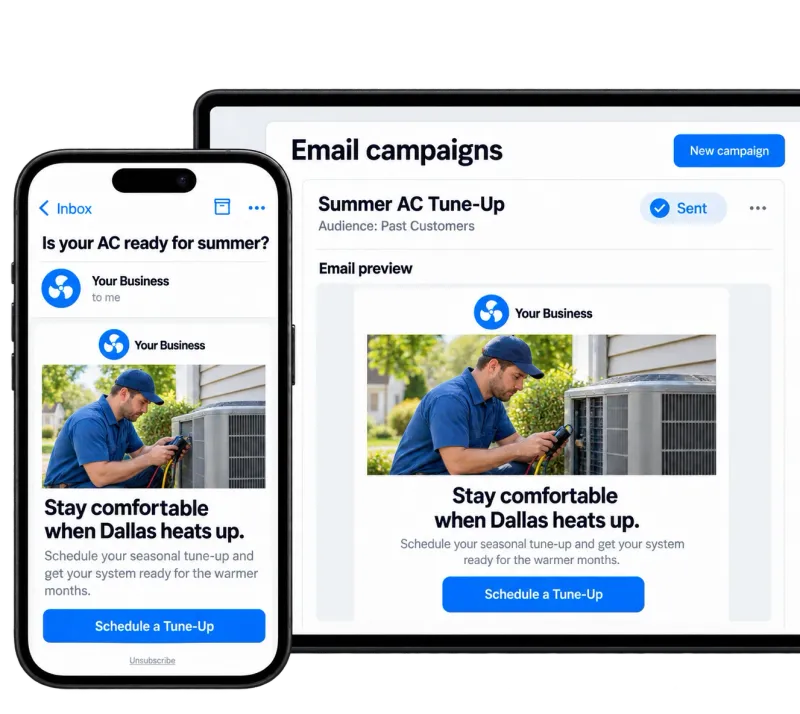 Email marketing campaign for a Dallas HVAC company: a summer AC tune-up email sent to past customers, shown in a phone inbox and in the campaign dashboard