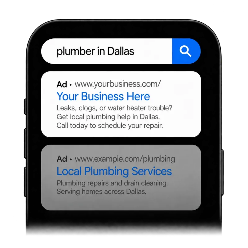 Google search on a phone for plumber in Dallas, with a paid ad for a local plumbing business shown first above the organic results