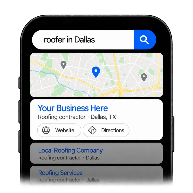 Google map pack on a phone for roofer in Dallas, with a local roofing contractor ranked first with website and directions buttons