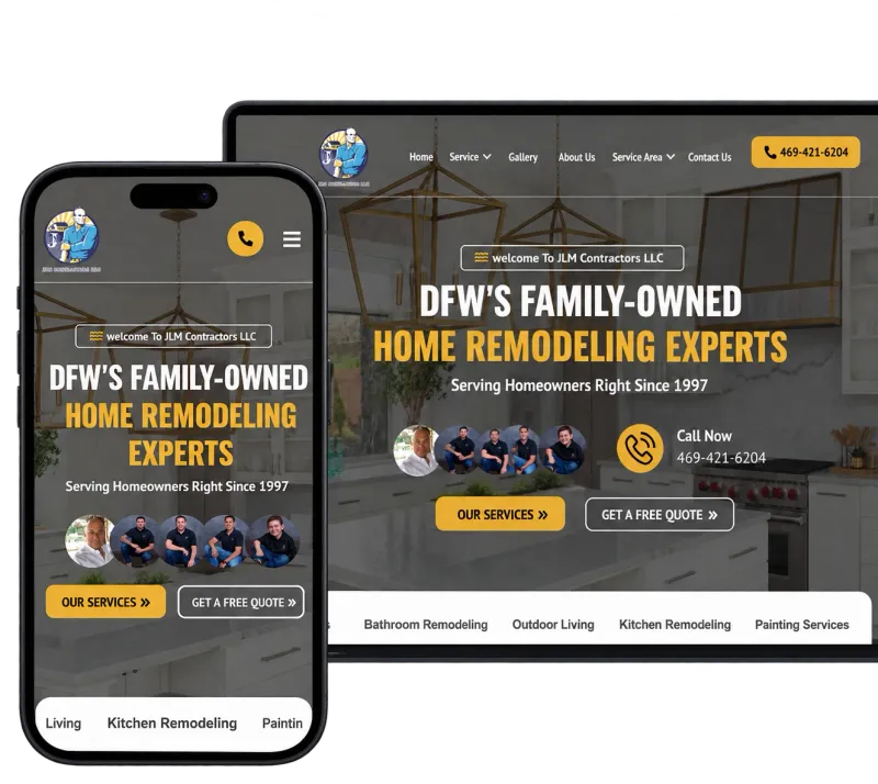 Responsive website design for JLM Contractors, a Dallas–Fort Worth home remodeling company, shown on a phone and a laptop